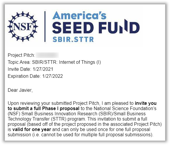 NSF SBIR STTR Project Pitch Awarded Invitation for Phase I Proposal